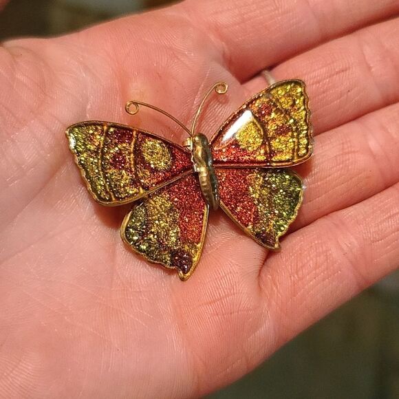 Vintage orange & yellow sparkle butterfly brooch - Picture 2 of 4